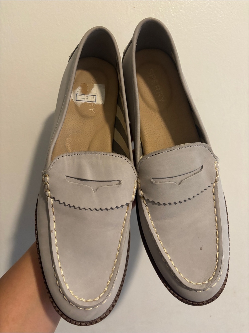 Sperry Light Gray Penny Loafers with Contrast Stitching